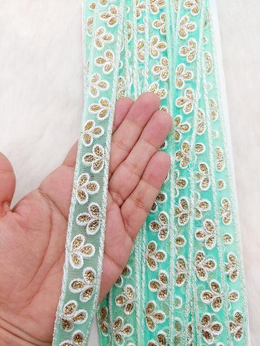 Wholesale Mint Green Net Lace Floral Embroidery & Glitter Gold Sequins, Indian Wedding Border, Gifting Ribbon Costume Trim Fashion Trimming